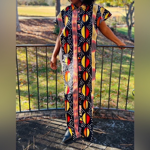 African Print Ankara Brown Multicolor Button Front Open Side Blouse - Picture 2 of 6